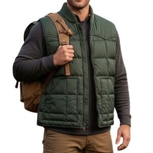 TRAIL WEST VTG Puffer Vest Quilted Down feather Mens L Ribbed Collar Outdoor